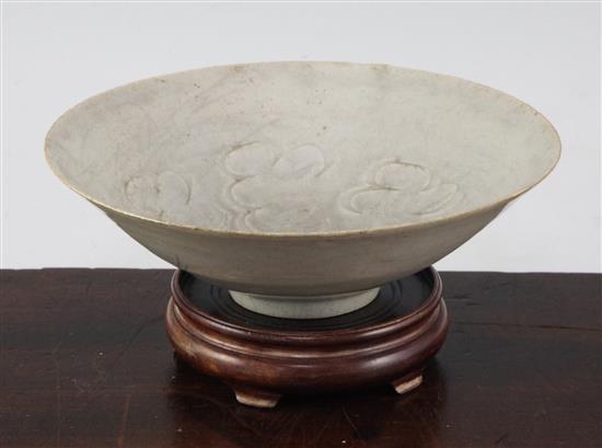 A Chinese Yingqing conical shaped bowl, Song dynasty, 17.5cm, wear to glaze